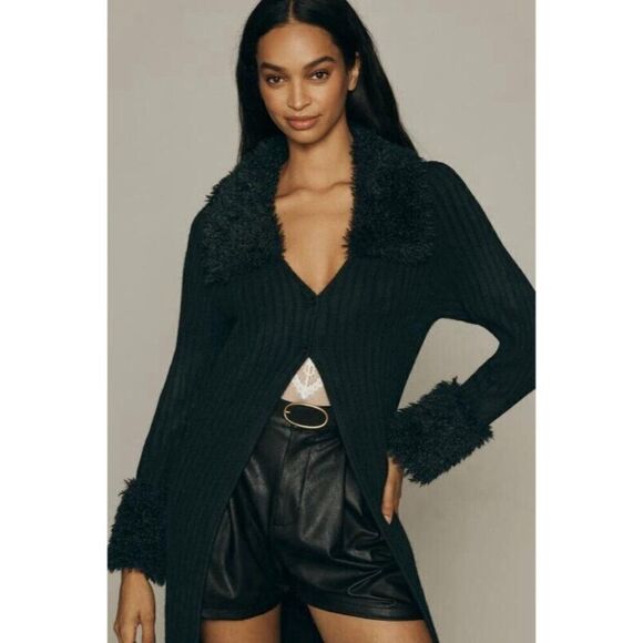 NWT ANTHROPOLOGIE FLAT WHITE FAUX FUR TRIM CARDIGAN SWEATER MAXI DUSTER BLACK OS - Picture 2 of 5